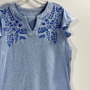 Talbots Womens Top Size L Blue Embroidered Floral Ruffle Sleeve V Neck Cotton